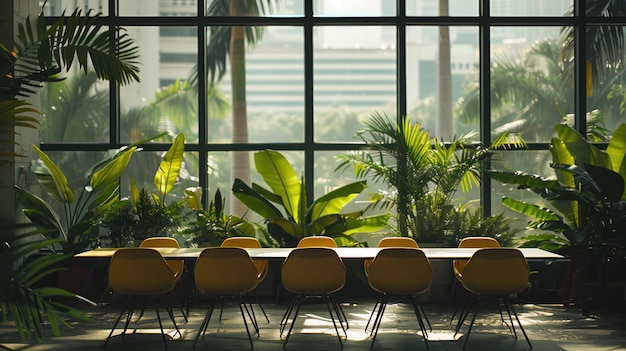 Photo conference empty room in a sustainable office space large windows overlooking greenery