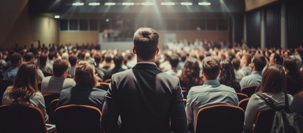 In a conference hall a speaker dives into business topics with an engaged audience