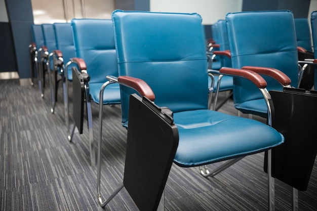 Conference meeting room row of blue chairs