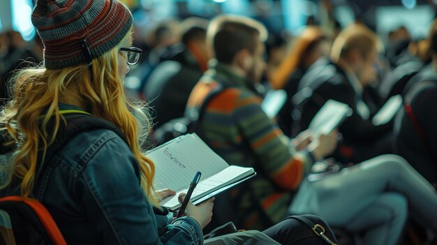 Photo at a conference of the press with an ample amount of reporters seated and writing generative ai