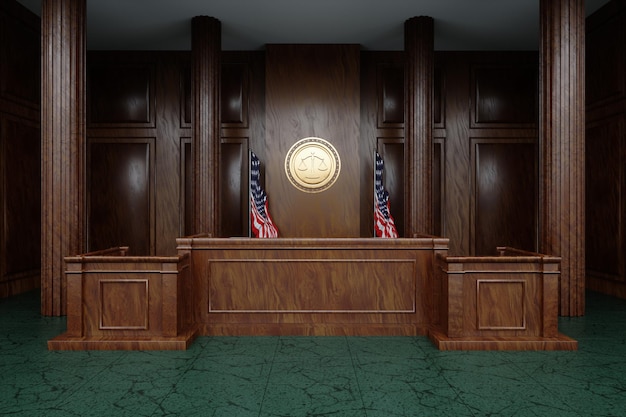 Photo conference room american court judge's seat 3d illustration 3d rendering