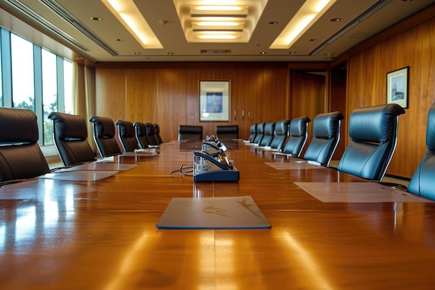 Foto una sala conferenze con uno spazioso tavolo di legno in un ambiente professionale un grande tavolo conferenze per una riunione del consiglio di amministrazione in un ufficio generato dall'ia