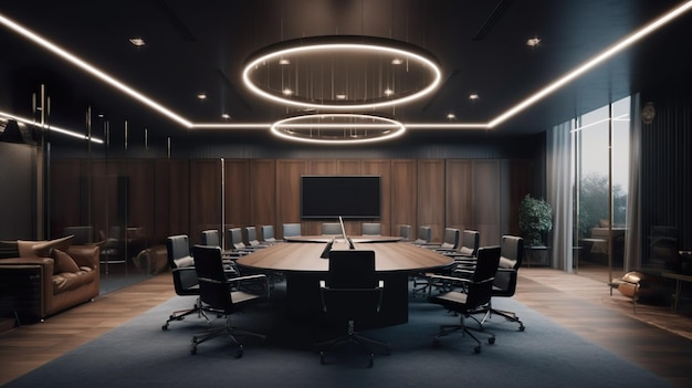 Conference room interior design with modern decoration Office for meetings with table and chairs reflective walls Contemporary workspace with furniture illustration background Generative AI