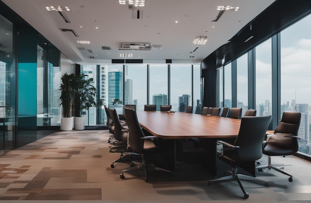 Foto interno della sala conferenze di un ufficio moderno con pareti bianche e un monitor