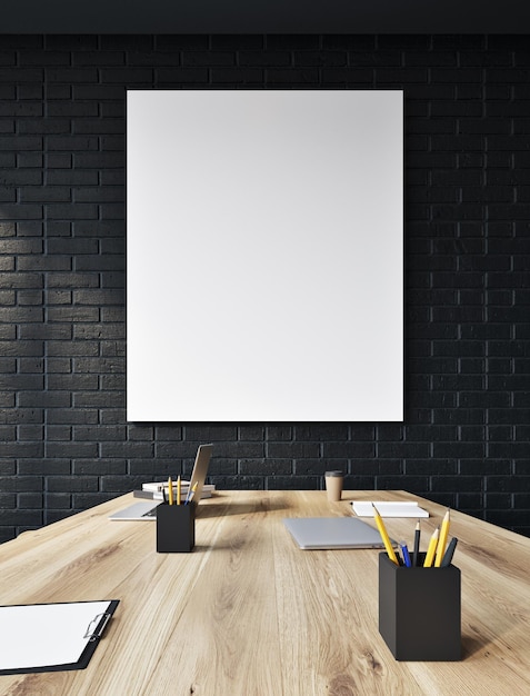 Conference room interior with black brick walls, a long wooden table with a large vertical poster hanging above it. 3d rendering mock up