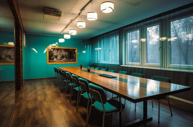 A conference room with chairs and table