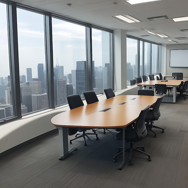 Photo a conference room with a desk and a wall of windows that say's the office ai generation