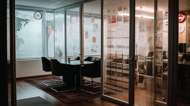 A conference room with a glass wall that says'the office'on it