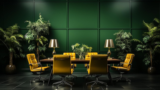 aiが生成した緑と黄色の壁紙が貼られた会議室