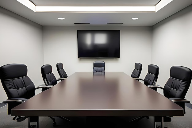 Photo a conference room with a large black table and chairs.