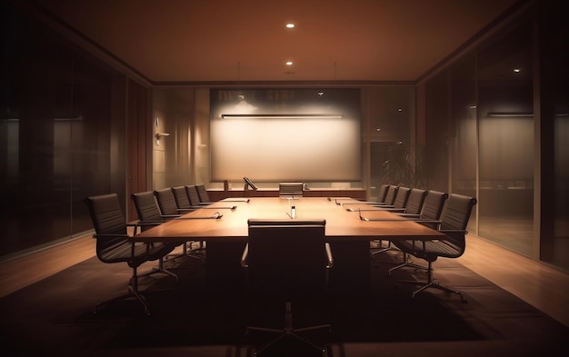 A conference room with a large board in the middle and a large screen behind it.