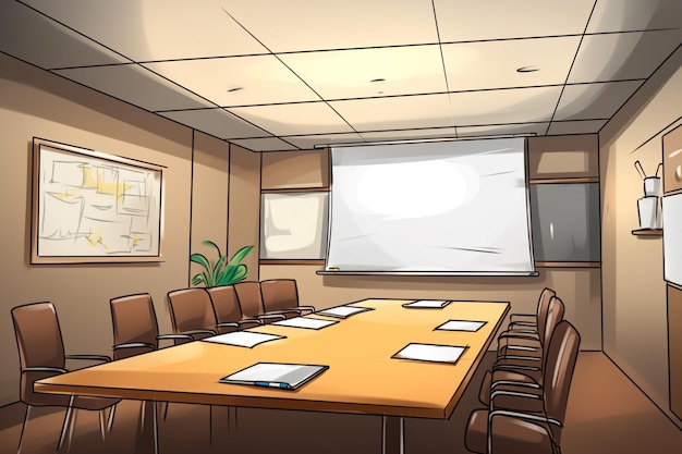 A conference room with a large board on the wall and a whiteboard on the wall.