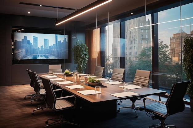 Conference room with a large screen that says conference room.