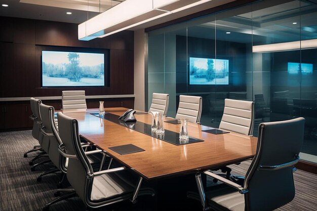 Photo conference room with a large screen that says conference room.