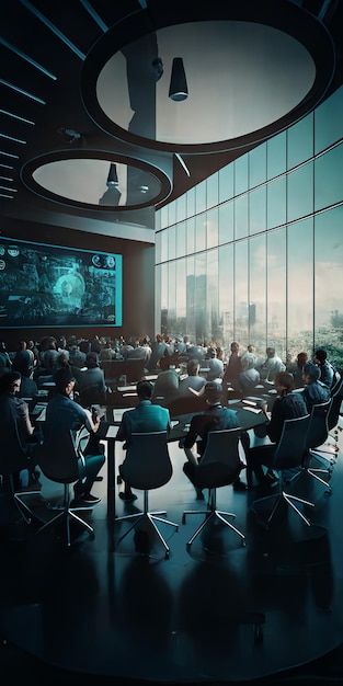 A conference room with a large screen that says'the future of technology '