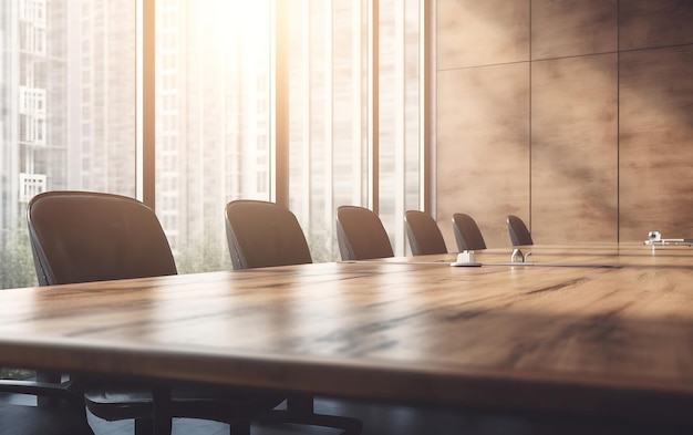 A conference room with a large table and chairs in front of a window that says'the word'on it '