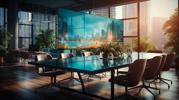 A conference room with a large table and chairs and a large screen