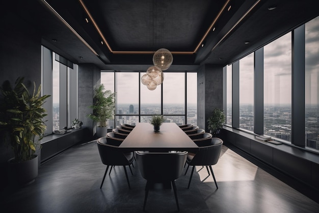 A conference room with a large table and chairs and a large window with a city view.