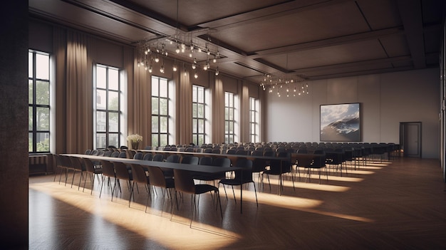 A conference room with a large table and chairs set up for a meeting.