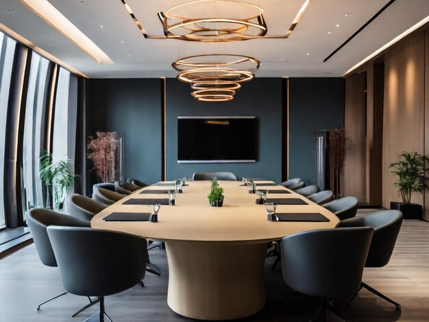 a conference room with a large table and chairs with a tv on the wall