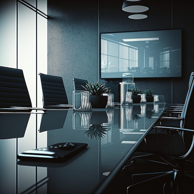 A conference room with a large tv on the wall