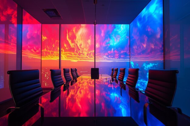 A conference room with a large window and a colorful sky outside