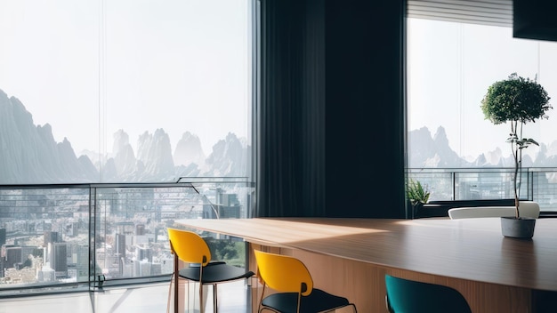 A conference room with a large window and a table with chairs and a table with a view of the city.