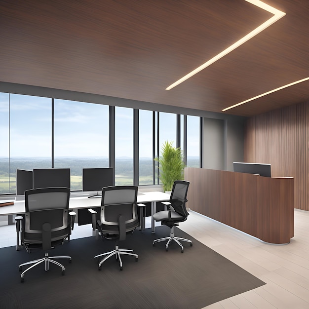 A conference room with a large wooden ceiling with a large window that says " the word " on it.