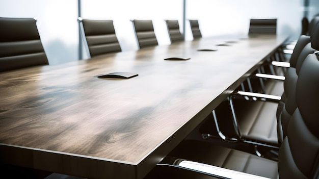 A conference room with a large wooden table and chairs