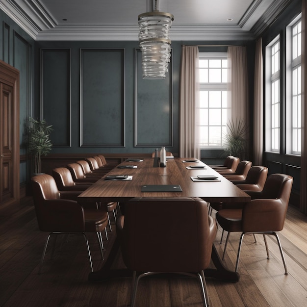 A conference room with a large wooden table and a light fixture hanging from the ceiling.