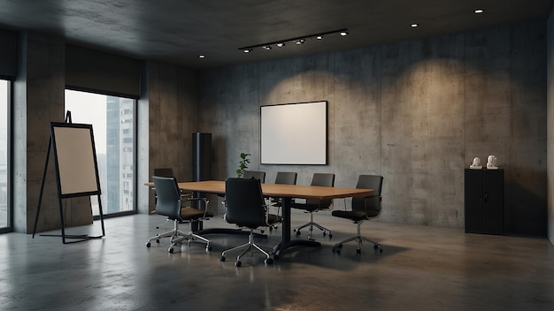 Foto una sala conferenze con un grande tavolo di legno e diverse sedie