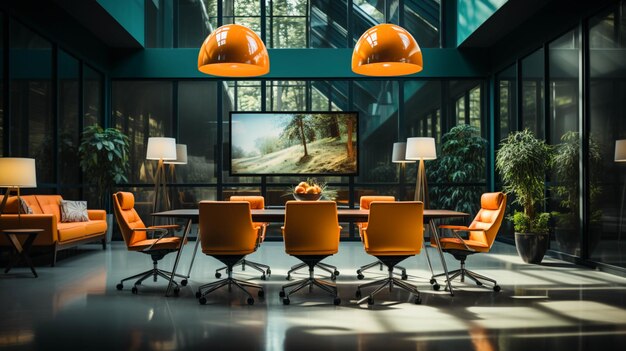 A conference room with light and space chairs and a flat