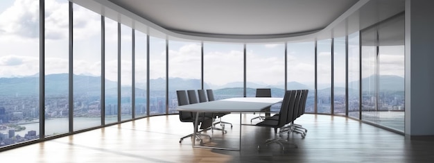 Conference room with meeting table reflective floor window with mountain and lake view Generative AI AIG18