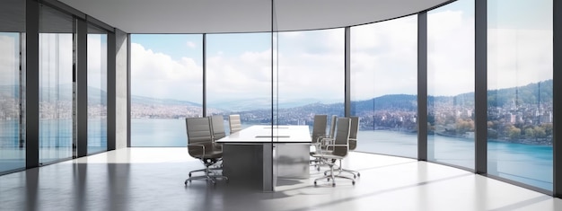 Conference room with meeting table reflective floor window with mountain and lake view Generative AI AIG18