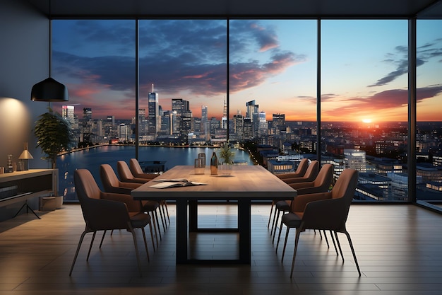 Conference room with panoramic window and city view 3D rendering