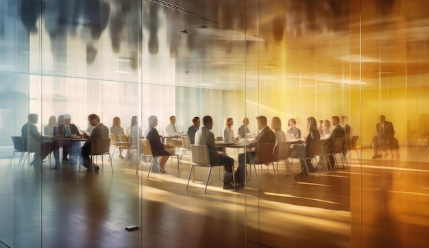 A conference room with people sitting around a table and a glass wall that says'the word'on it '