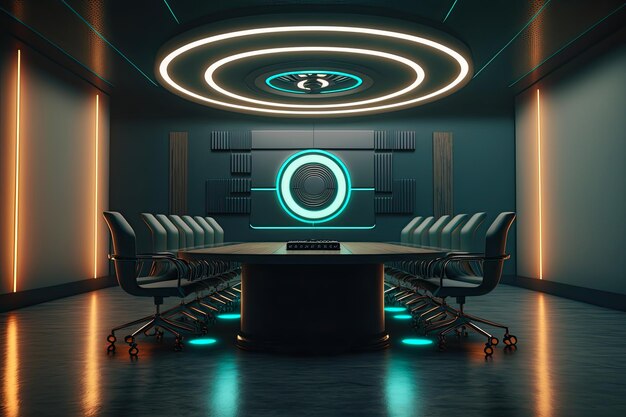 A conference room with a round table and a large circular ceiling that says'the word'on it '