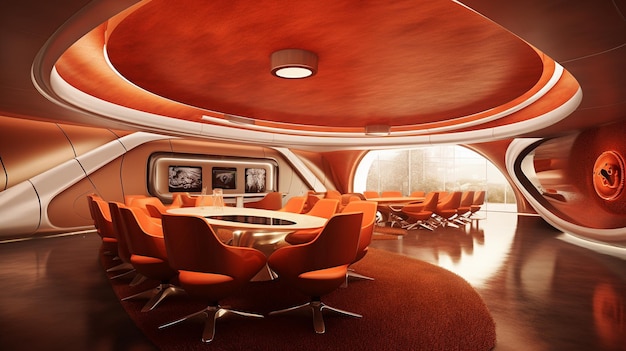 A conference room with a round table and orange chairs.