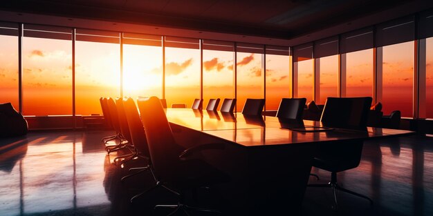 A conference room with a table and chairs in front of a sunset.