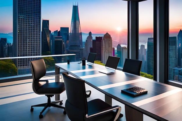 A conference room with a view of the city skyline