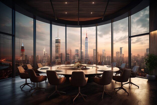 A conference room with a view of the city skyline.