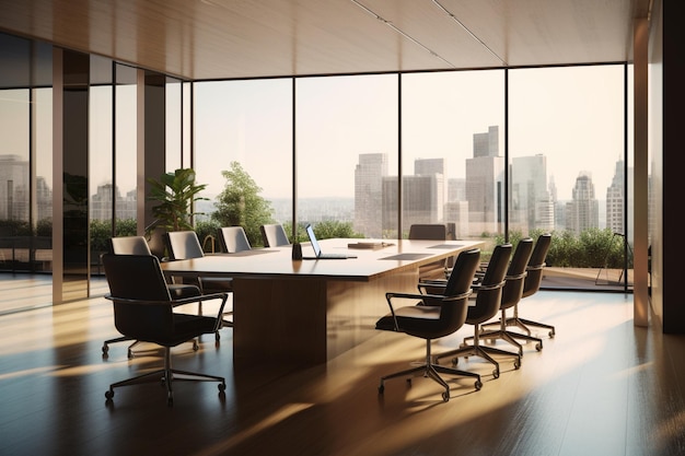 A conference room with a view of the city skyline.