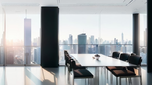 A conference room with a view of the city