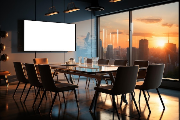 Conference room with walls and big windows and led display on the wall Generative AI