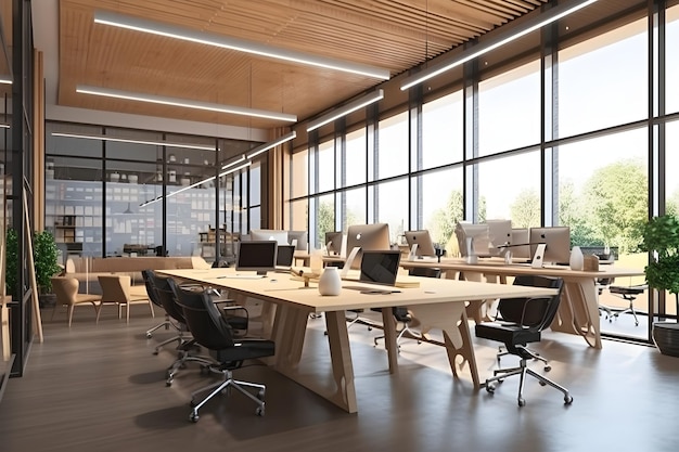 A conference room with a wooden floor and a large window with a large window that says'office'on it.