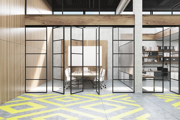 Conference room with wooden walls, yellow and gray floor pattern and a whiteboard as seen from a lobby. 3d rendering.