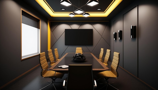 黄色の椅子とフラット スクリーン テレビの生成 AI を備えた会議室