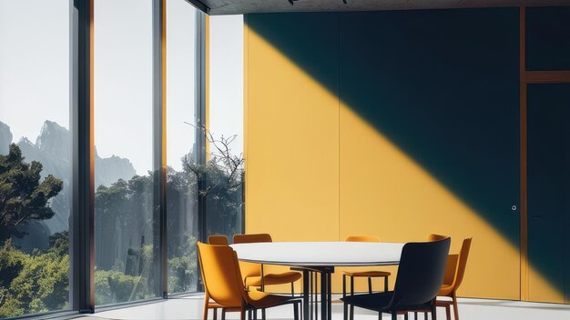 A conference room with a yellow wall that says'the future of the office '