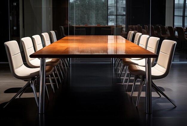 a conference table with chairs sitting at the back in the style of precision in details