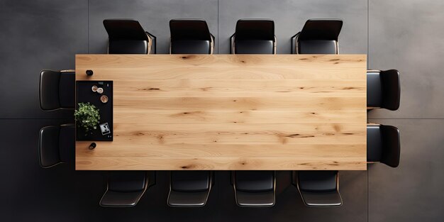 Conference wooden table and black chairs seen from above in a